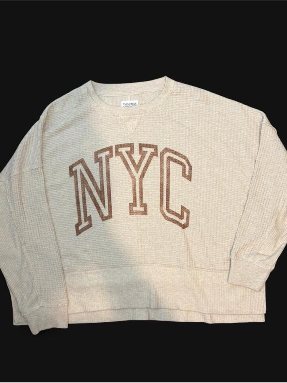 American Eagle Outfitters Cream Waffle-Knit Pullover with Black Text